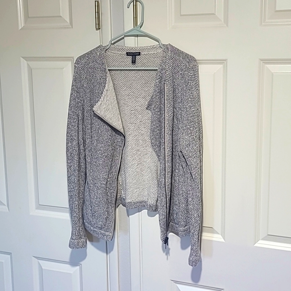LAST CHANCE! DONATING SOON! Eileen Fisher woven cotton zip moto jacket L - Picture 2 of 10